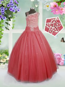 Edgy Ball Gowns Child Pageant Dress Watermelon Red Asymmetric Tulle Sleeveless Floor Length Side Zipper
