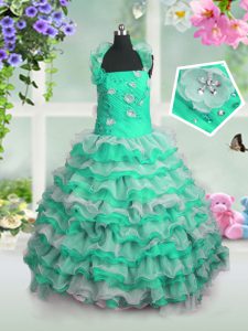 Green Sleeveless Beading and Appliques and Ruffled Layers Floor Length Custom Made Pageant Dress
