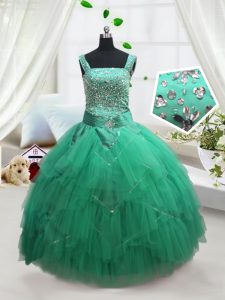 Custom Designed Ball Gowns Child Pageant Dress Turquoise Straps Tulle Sleeveless Floor Length Lace Up