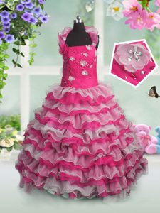 Captivating Floor Length Lace Up Girls Pageant Dresses Hot Pink for Party and Wedding Party with Beading and Appliques a