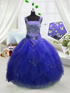 Dynamic Royal Blue Tulle Lace Up Straps Sleeveless Floor Length Pageant Dress Beading and Ruffles