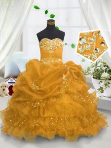 Wonderful Gold Sleeveless Floor Length Beading and Ruffled Layers and Pick Ups Lace Up High School Pageant Dress