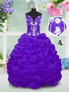 Top Selling Pick Ups Floor Length Purple Little Girls Pageant Gowns V-neck Sleeveless Lace Up