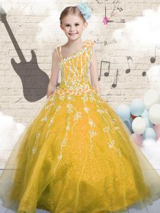 Appliques Pageant Dress for Teens Orange Lace Up Sleeveless Floor Length