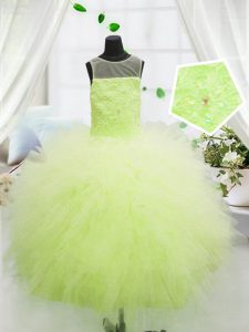 Vintage Scoop Yellow Green Sleeveless Beading and Appliques Floor Length Little Girls Pageant Dress