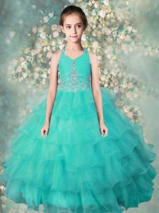 New Style Ruffled Halter Top Sleeveless Zipper High School Pageant Dress Turquoise Organza