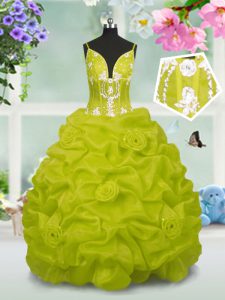 Custom Design Yellow Green Lace Up V-neck Beading and Pick Ups Little Girl Pageant Dress Taffeta Sleeveless