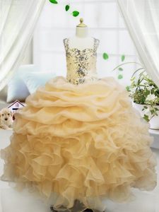 Champagne Straps Zipper Beading and Ruffles and Pick Ups Girls Pageant Dresses Sleeveless