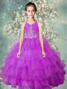 Fabulous Halter Top Lavender Sleeveless Beading and Ruffled Layers Floor Length Pageant Gowns