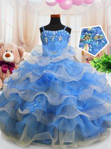 Sweet Floor Length Zipper Pageant Dress Blue for Party and Wedding Party with Beading and Ruffled Layers