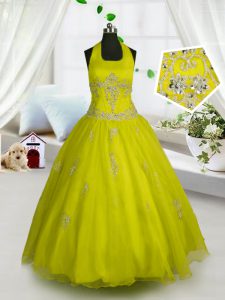 Flare Halter Top Yellow Lace Up Pageant Dress Womens Appliques Sleeveless Floor Length