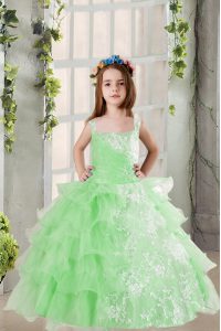 Fashion Square Sleeveless Little Girls Pageant Dress Floor Length Lace and Ruffled Layers Apple Green Organza