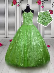Apple Green Sequined Lace Up Kids Formal Wear Sleeveless Floor Length Beading and Sequins