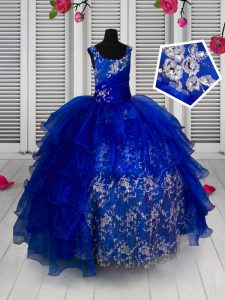Dazzling Floor Length Blue Pageant Dress Wholesale Straps Sleeveless Lace Up