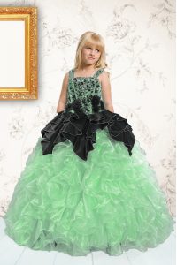 Apple Green Organza Lace Up Pageant Dress Wholesale Sleeveless Floor Length Appliques and Pick Ups