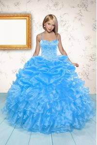 Great Spaghetti Straps Sleeveless Organza Little Girls Pageant Dress Wholesale Beading and Ruffles and Pick Ups Lace Up