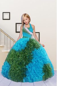Deluxe Halter Top Baby Blue and Green Sleeveless Floor Length Beading and Ruffles Lace Up Little Girls Pageant Dress