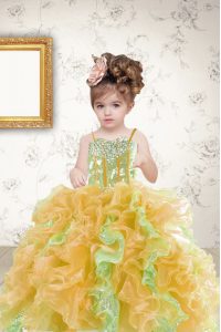 Elegant Multi-color Organza Lace Up Spaghetti Straps Sleeveless Floor Length Kids Formal Wear Beading and Ruffles and Se
