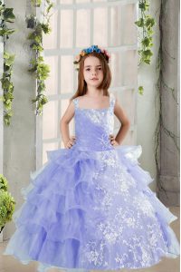 Lace and Ruffled Layers Little Girls Pageant Dress Lavender Lace Up Sleeveless Floor Length
