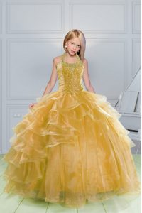 Gorgeous Halter Top Orange Lace Up Little Girl Pageant Dress Beading and Ruffles Sleeveless Floor Length