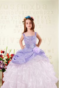 Glorious Lavender Sleeveless Beading and Ruffled Layers and Hand Made Flower Floor Length Pageant Dress for Womens
