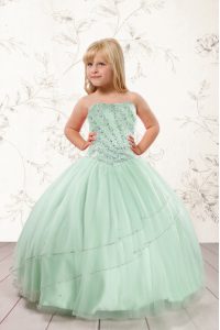Apple Green Ball Gowns Beading Little Girls Pageant Dress Wholesale Lace Up Tulle Sleeveless Floor Length