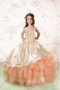 Exquisite Orange Red Organza Lace Up Spaghetti Straps Sleeveless Floor Length Kids Pageant Dress Embroidery and Ruffled 