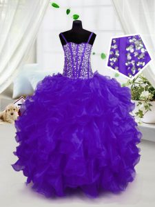 High End Purple Ball Gowns Beading and Ruffles Girls Pageant Dresses Lace Up Organza Sleeveless Floor Length
