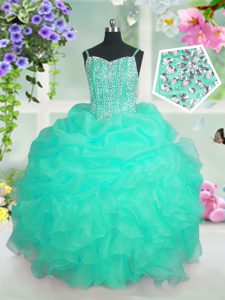 Custom Fit Floor Length Lace Up Kids Pageant Dress Turquoise for Party and Wedding Party with Beading and Ruffles and Pi