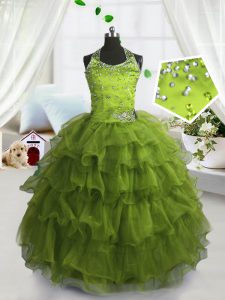 Flirting Scoop Olive Green Organza Lace Up Kids Formal Wear Sleeveless Floor Length Beading and Ruffled Layers