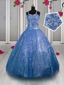 Romantic Baby Blue Sequined Lace Up Straps Sleeveless Floor Length Little Girls Pageant Gowns Sequins