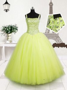 Straps Sleeveless Child Pageant Dress Floor Length Beading and Sequins Yellow Green Tulle