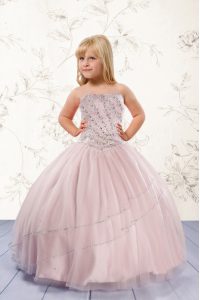 Nice Floor Length Baby Pink High School Pageant Dress Strapless Sleeveless Lace Up