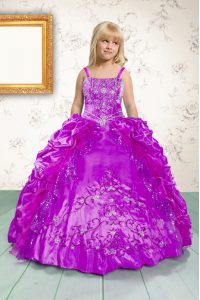 Sleeveless Satin Floor Length Lace Up Evening Gowns in Fuchsia with Beading and Appliques and Pick Ups
