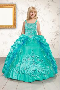 Pick Ups Ball Gowns Kids Pageant Dress Aqua Blue Straps Satin Sleeveless Floor Length Lace Up