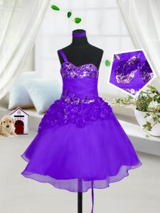 Eggplant Purple Lace Up Little Girls Pageant Dress Wholesale Beading and Hand Made Flower Sleeveless Knee Length