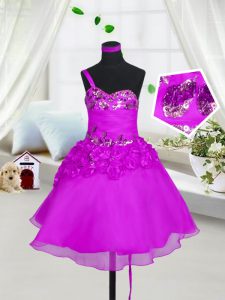 Fuchsia Lace Up Sweetheart Beading and Hand Made Flower Girls Pageant Dresses Organza Sleeveless