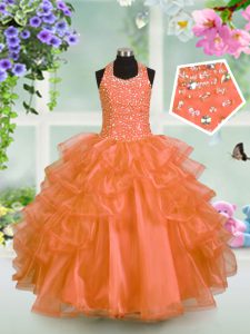 Nice Halter Top Orange Sleeveless Floor Length Beading and Ruffled Layers Lace Up Little Girls Pageant Gowns