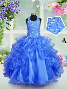 Halter Top Sleeveless Beading and Ruffled Layers Lace Up Little Girls Pageant Gowns