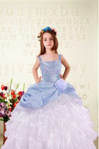 Deluxe Organza Straps Sleeveless Lace Up Beading and Ruffled Layers and Hand Made Flower Child Pageant Dress in Light Bl