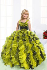 Fantastic Floor Length Lace Up Pageant Dress Womens Light Yellow for Party and Wedding Party with Beading and Ruffles