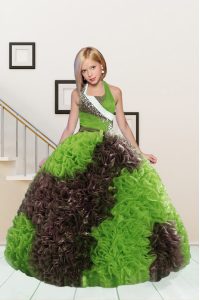Halter Top Floor Length Apple Green and Chocolate Little Girl Pageant Dress Fabric With Rolling Flowers Sleeveless Beadi