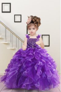Excellent Purple Straps Neckline Beading and Ruffles Kids Formal Wear Sleeveless Lace Up