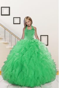 Luxurious Green Ball Gowns Organza Halter Top Sleeveless Beading and Ruffles Floor Length Lace Up Girls Pageant Dresses