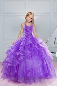 Custom Made Halter Top Sleeveless Lace Up Floor Length Beading and Ruffles Little Girls Pageant Dress Wholesale