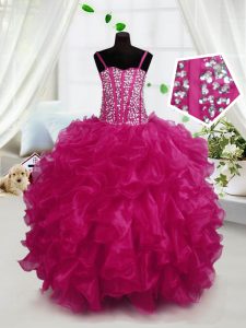 Stunning Hot Pink Ball Gowns Spaghetti Straps Sleeveless Organza Floor Length Lace Up Beading and Ruffles Pageant Dress 