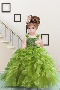 Olive Green Ball Gowns Beading and Ruffles Pageant Dress for Teens Lace Up Organza Sleeveless Floor Length