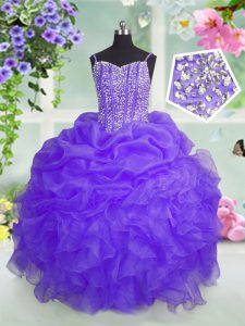 Cute Organza Spaghetti Straps Sleeveless Lace Up Beading and Ruffles and Pick Ups Pageant Gowns For Girls in Lavender