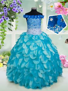 Unique Off the Shoulder Sleeveless Organza Floor Length Lace Up Little Girls Pageant Dress in Turquoise with Beading and