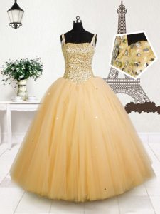 Modern Orange Ball Gowns Straps Sleeveless Tulle Floor Length Lace Up Beading and Sequins Girls Pageant Dresses